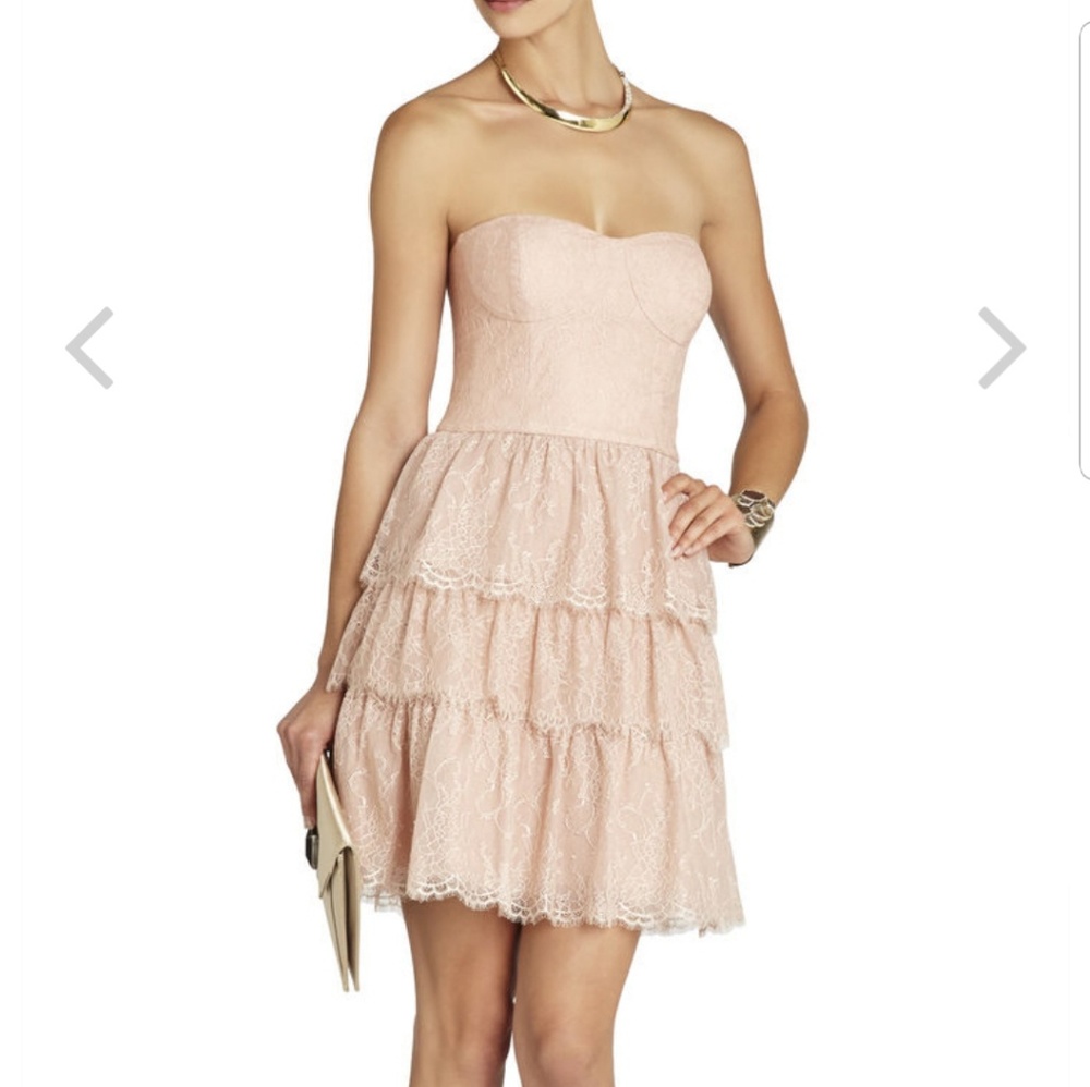 BCBGMAXAZRIA Lilah Tiered-Lace Strapless Dress